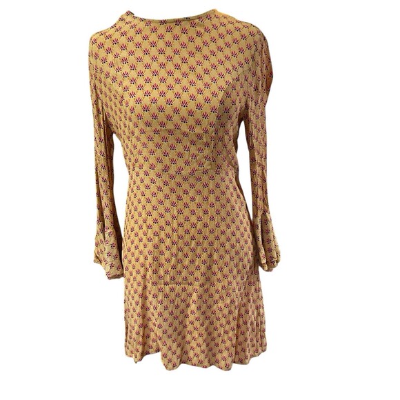 Olivaceous Gold Print Dress Long‎ Sleeve Bell Sleeves Keyhole Back Sz M - Picture 1 of 7